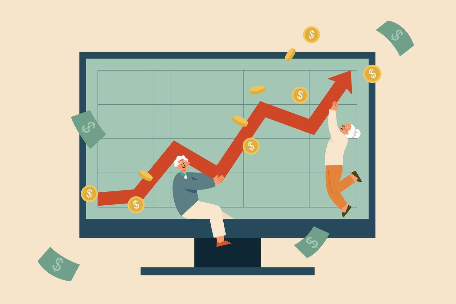 vlak illustratie van senior koppel financieel groei weergegeven Aan computer monitor. concept van terugkeer Aan investering, pensioen spaargeld account groei vector