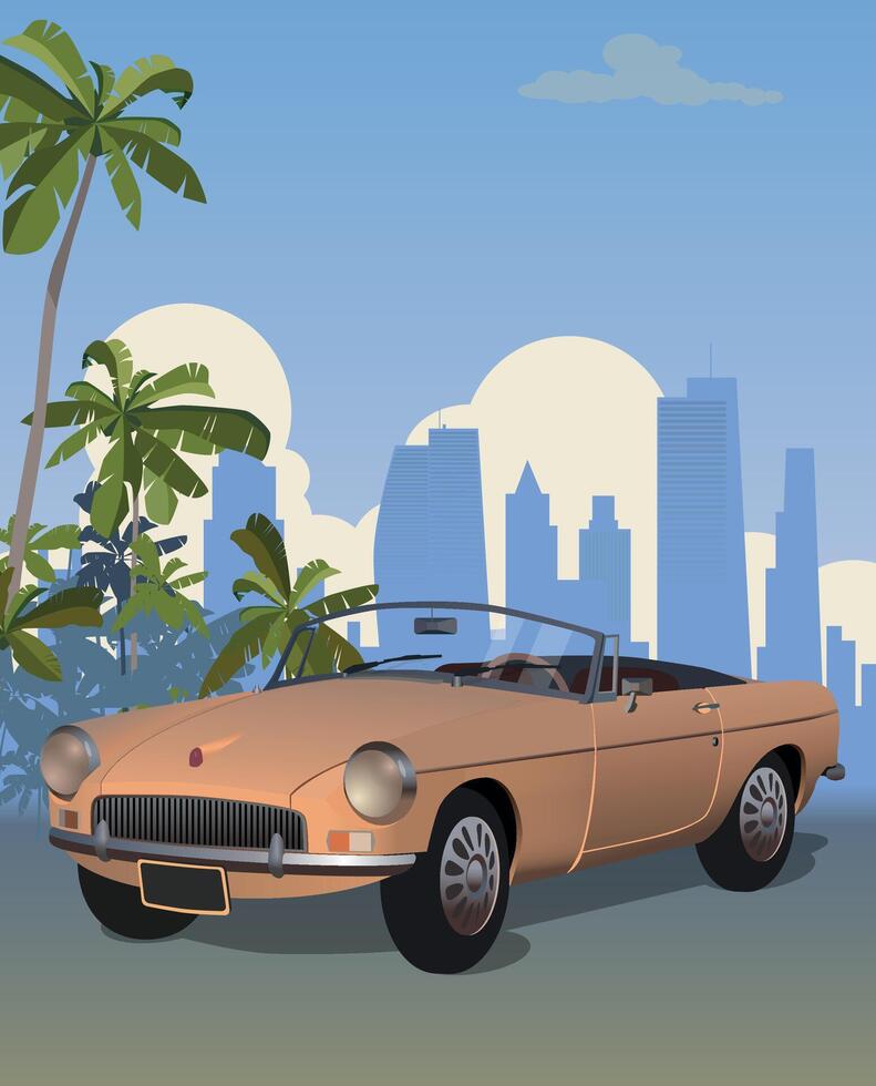 een auto met een Open top tegen de backdrop van hotels en palm bomen. vector. vector