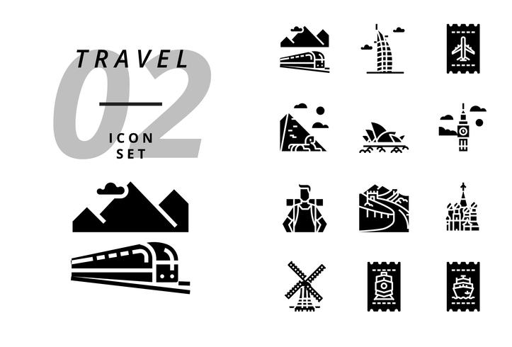 Pack-pictogram voor reizen, treinvervoer, Dubai, vliegticket, piramide, opera, Big Ben, backpacker, grote muur, Taj Mahal, windmolen, treinkaartje, bootticket. vector