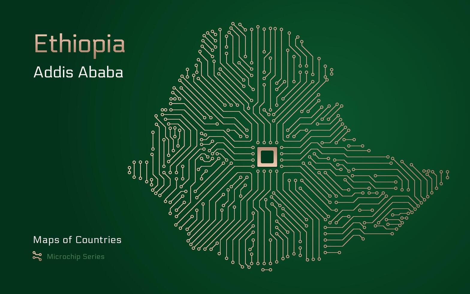 Ethiopië kaart met een hoofdstad van addis aba getoond in een microchip patroon met verwerker. e-overheid. wereld landen vector kaarten. microchip serie