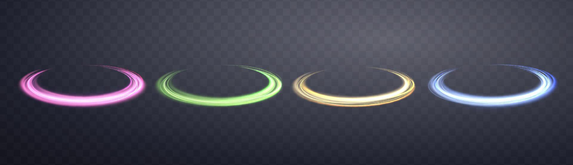 gloeiend magie ringen set. neon realistisch energie gloed ringen met sprankelend deeltjes. abstract licht effect Aan een donker achtergrond. vector illustratie.
