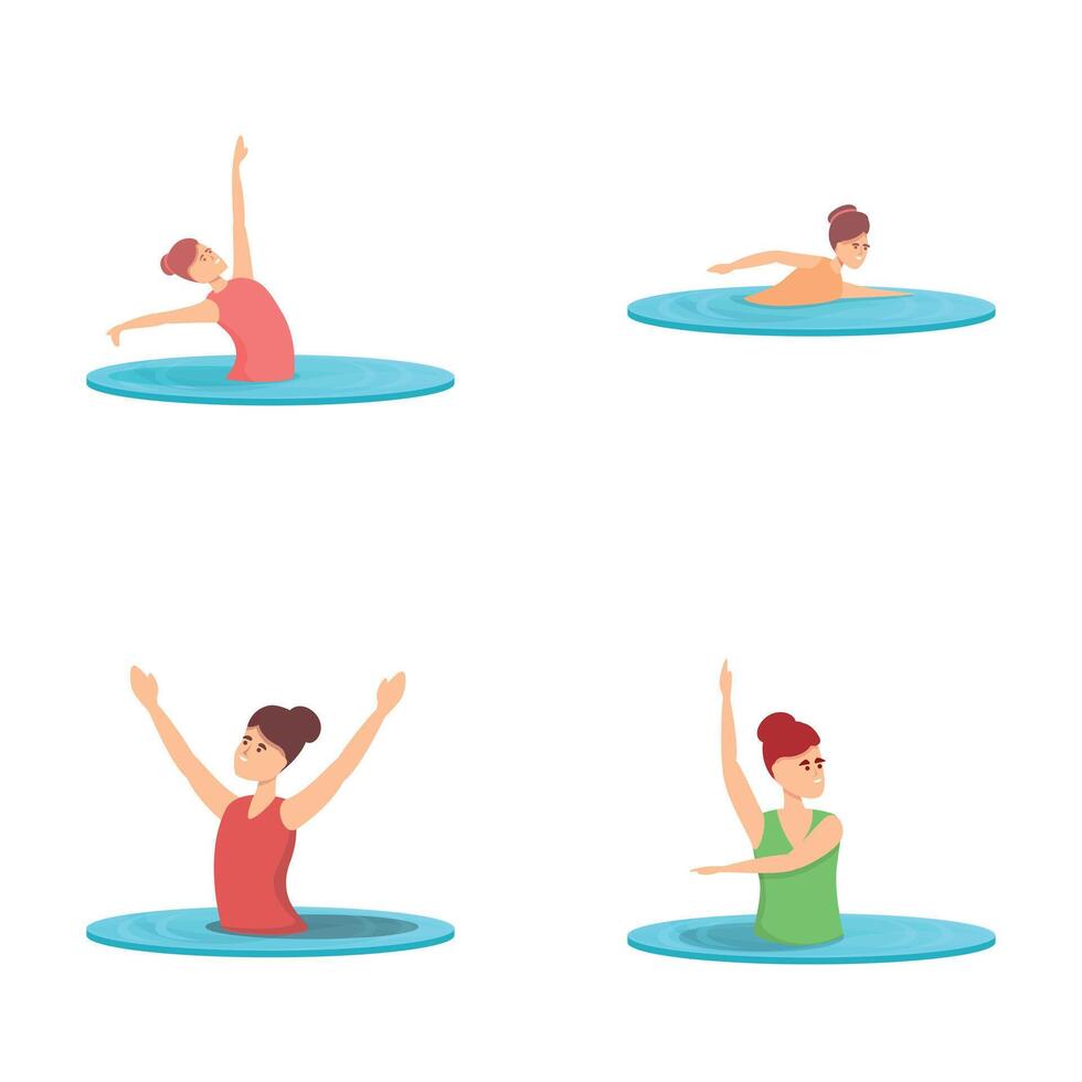 gesynchroniseerd zwemmen pictogrammen reeks tekenfilm vector. meisje het uitvoeren van stunt in water vector