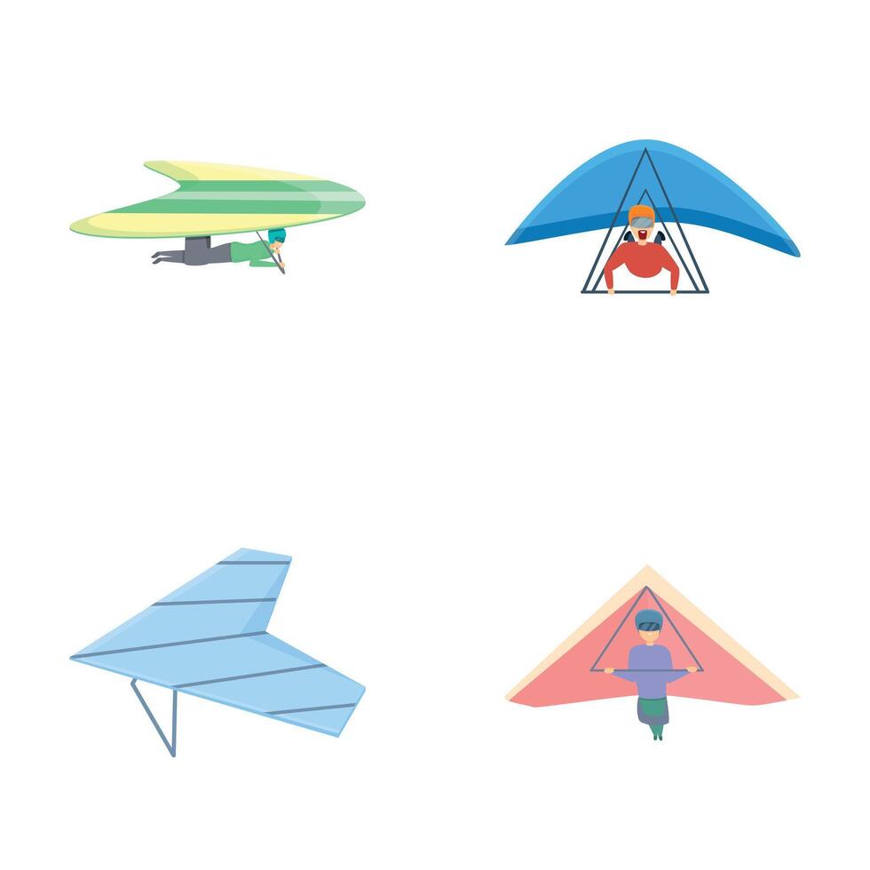 hangen zweefvliegtuig pictogrammen reeks tekenfilm vector. glijden Mens vliegend extreem sport vector