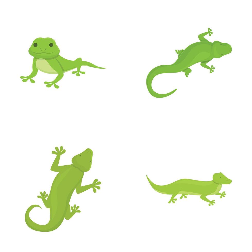 gekko pictogrammen reeks tekenfilm vector. schattig tekenfilm groen hagedis vector