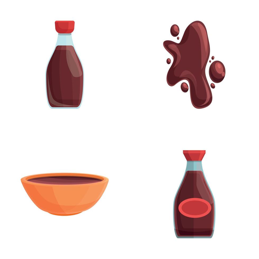 soja saus pictogrammen reeks tekenfilm vector. soja saus in glas fles en kom vector