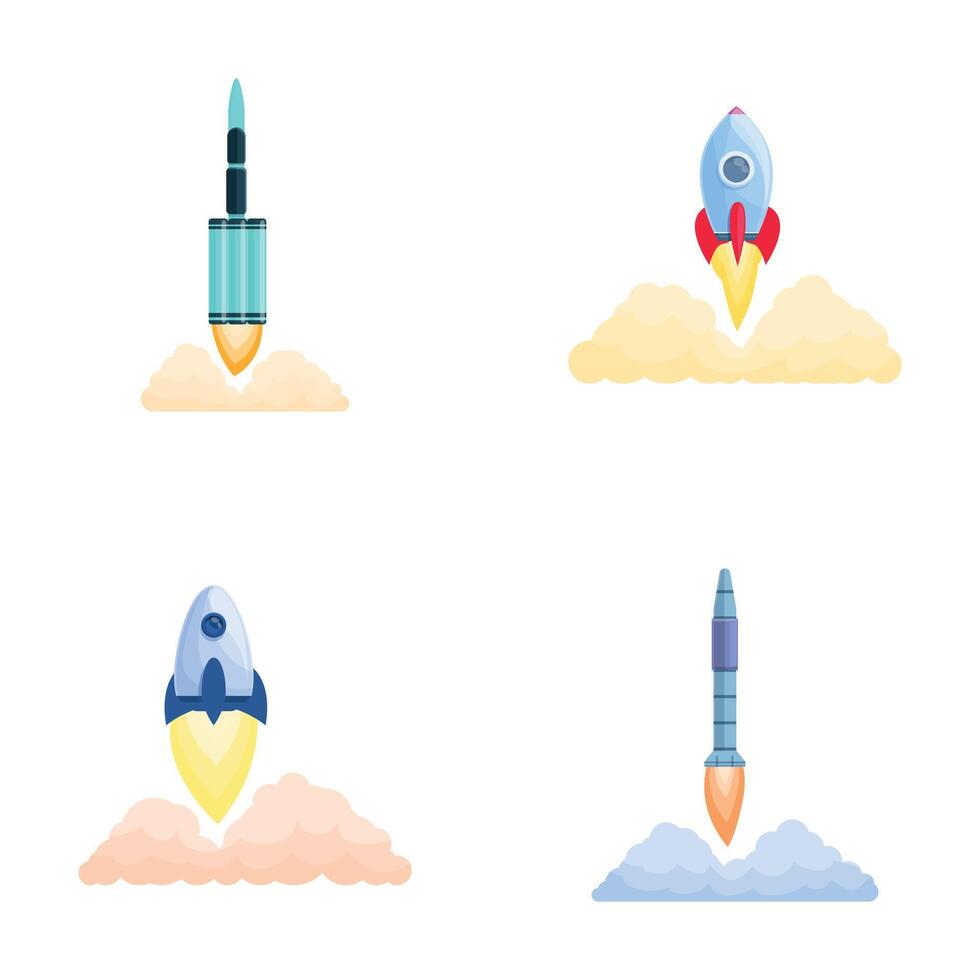 raket lancering pictogrammen reeks tekenfilm vector. ruimtevaartuig lancering en brand vlam vector