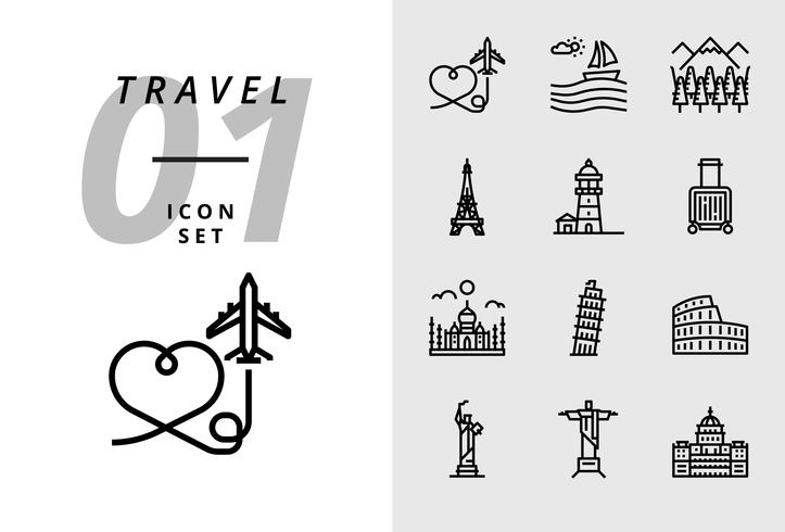 Pack pictogram voor reizen, vliegtuig, landschap, bos, Parijs toren, vuurtoren, trolley tas, Taj Mahal, Pisa toren, Colosseum, standbeeld van Verenigde Staten, deja neiro, kapitaal gebruik. vector