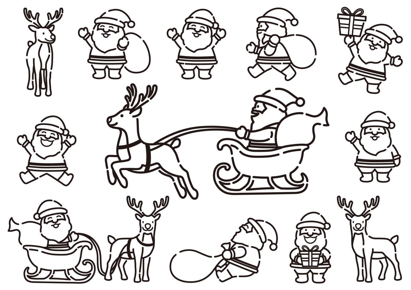grappige cartoonachtige kerstman en rendieren lijntekening in dynamische poses, vectorillustratie geïsoleerd op een witte achtergrond. vector