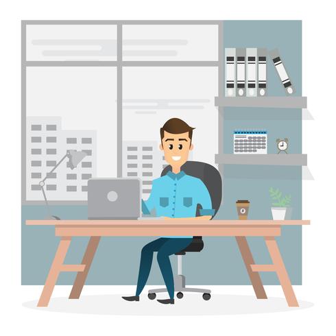 lachende zakenman zit en werkt op een laptopcomputer in zijn kantoor vector