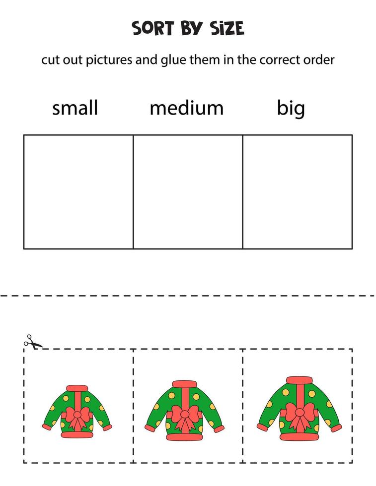 sorteer foto's op grootte. educatief werkblad voor kinderen. vector