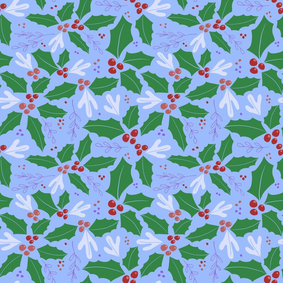 vector naadloze kerst patroon. hand hulstbessen, groene bladeren, violette takken, bevroren bladeren en bessen tekenen op blauwe achtergrond voor inpakpapier, behang, ansichtkaarten, textiel, stof.