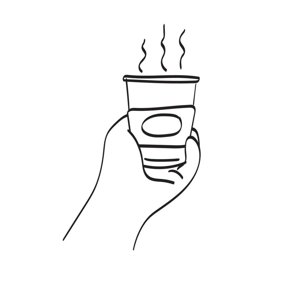 close-up hand met hete take away koffie papier beker illustratie vector geïsoleerd op witte achtergrond lijntekeningen.