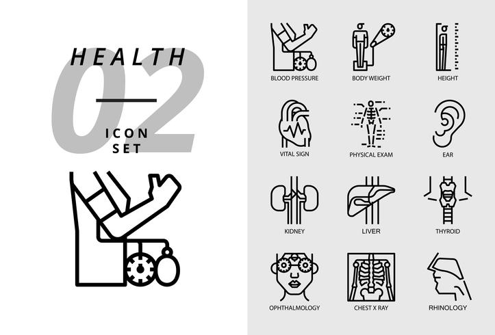 Icon pack voor gezondheid, ziekenhuis, bloeddruk, lichaamsgewicht, lengte, vitaal teken, lichamelijk onderzoek, oor, nier, lever, schildklier, oogarts, thoraxfoto, rinologie. vector