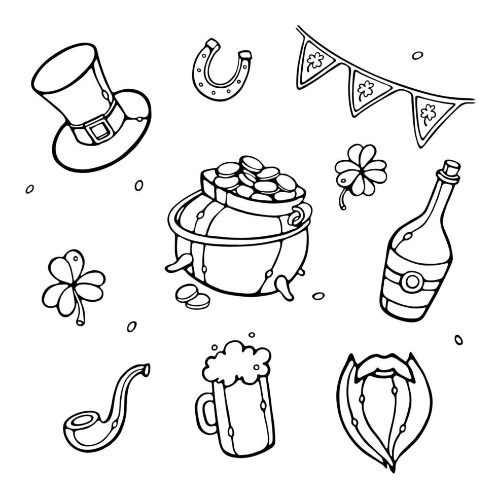 vector doodle illustratie voor st. patrick dag. pot met goud, rookpijp, mag van bier, baard, klaver, hoed, overzichtsset.