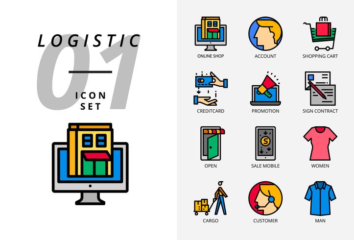 Icon pack voor e-commerce, online shop, account, winkelwagen, betaalkrediet, promotie, contract ondertekenen, open winkel, verkoop mobiel, dameskleding, vracht, klant, manendoek. vector