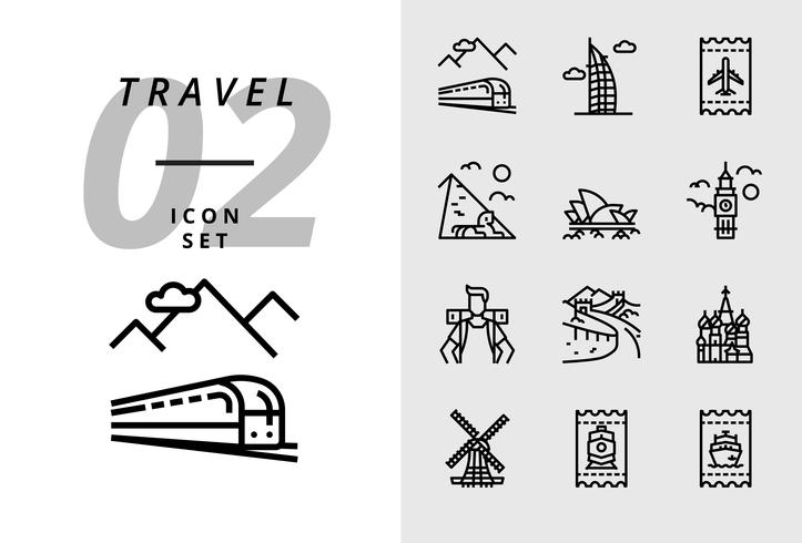 Pack-pictogram voor reizen, treinvervoer, Dubai, vliegticket, piramide, opera, Big Ben, backpacker, grote muur, Taj Mahal, windmolen, treinkaartje, bootticket. vector