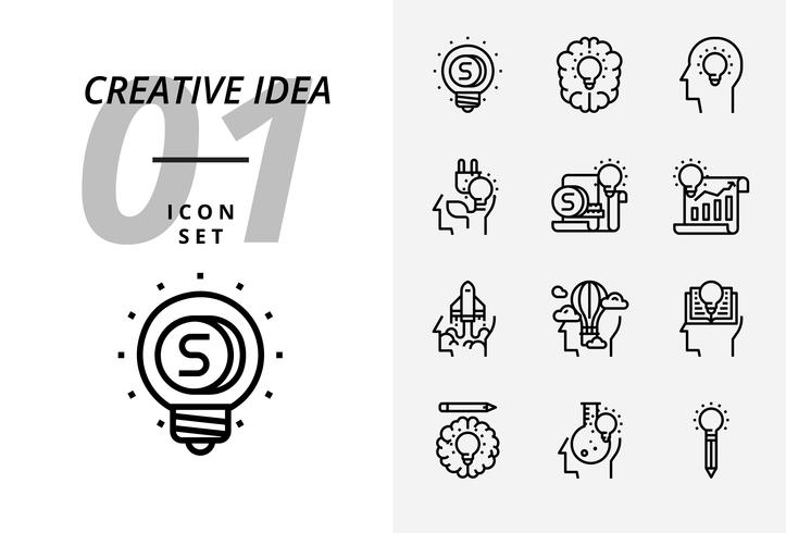 Icon pack voor creatief idee, geld, brainstorm, idee, creatief, ecologie, geld, handelspapier, piloot, ballon, raket, boek, onderwijs. vector