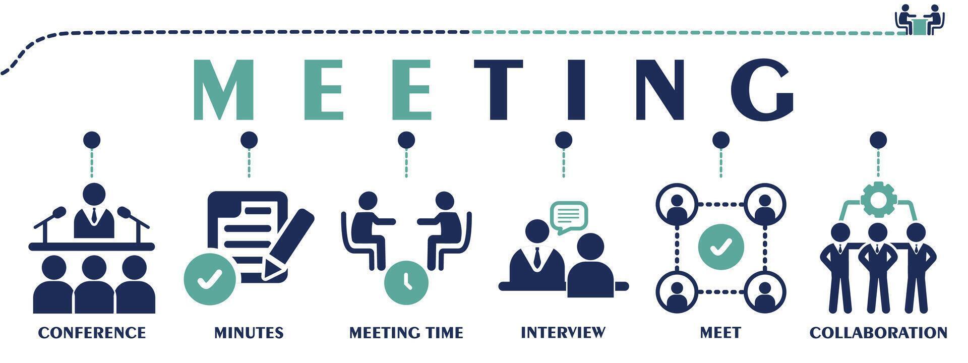 vergadering banier web solide pictogrammen. vector illustratie concept met een icoon van conferentie, minuten, vergadering tijd, interview, ontmoeten en samenwerking