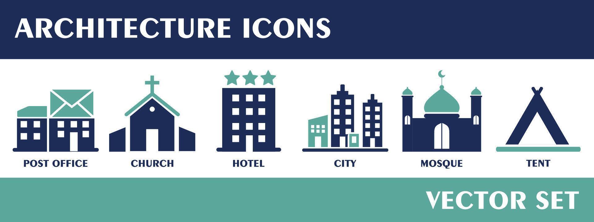 architectuur pictogrammen. met post kantoor, kerk, hotel, moskee, stad, tent. solide icoon verzameling. vector set.