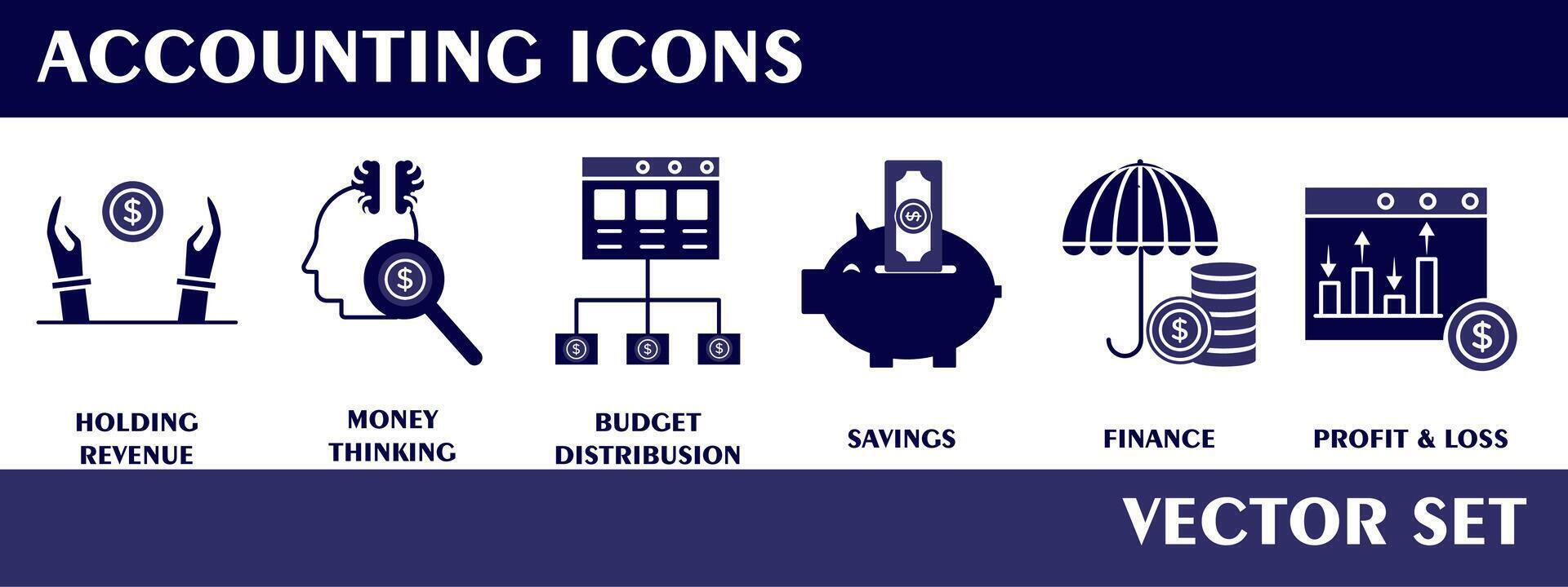 accounting pictogrammen. met Holding omzet, geld denken, begroting distributie, besparingen, financiën, winst en verlies, vector reeks verzameling.