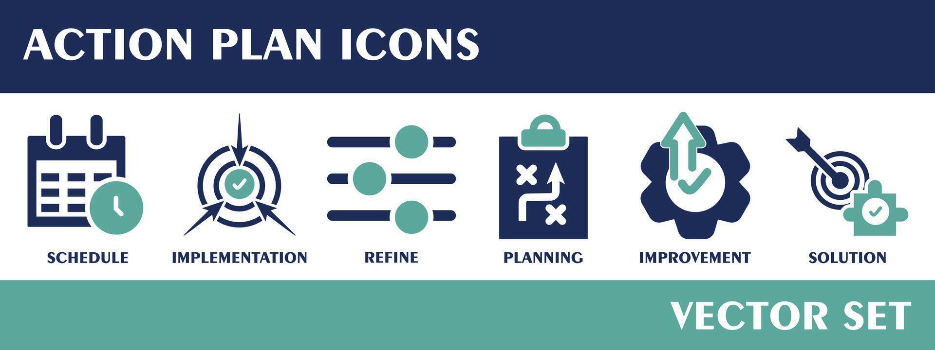 actie plan pictogrammen. met schema, implementatie, verfijnen, planning, verbetering, oplossing . vlak ontwerp vector set.