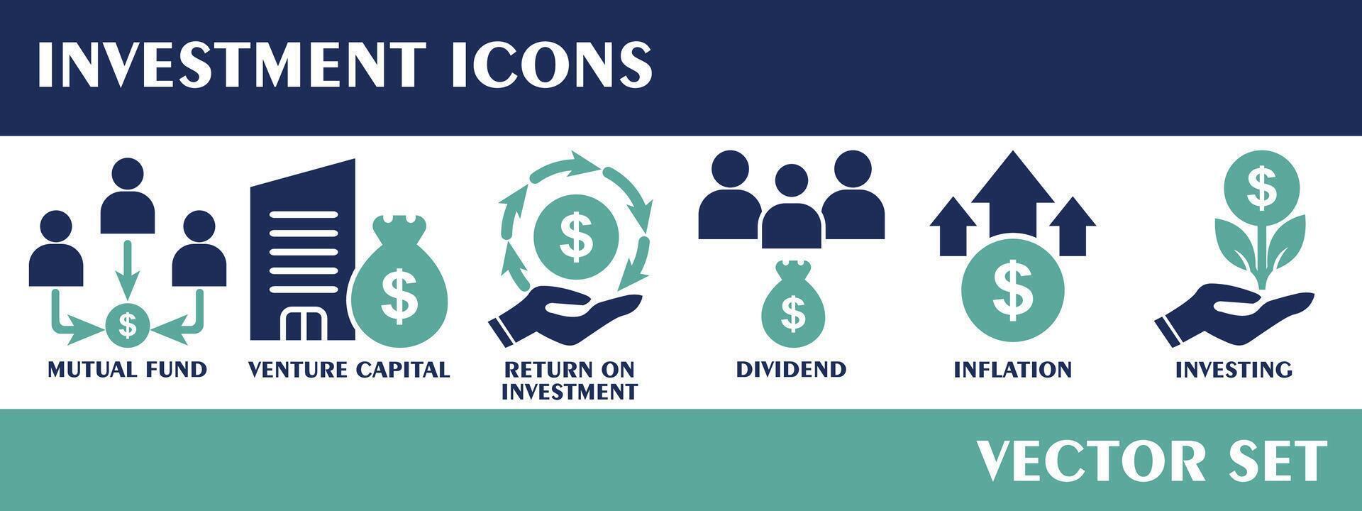 investering pictogrammen. met wederzijds fonds, onderneming hoofdstad, terugkeer Aan investering, dividend, inflatie, investeren. solide icoon verzameling. vector set.