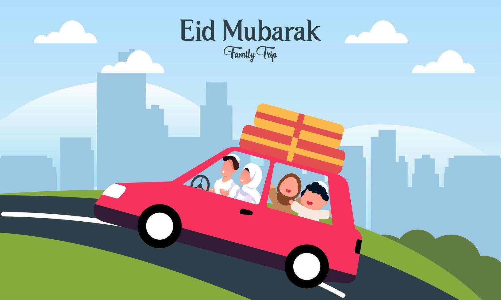 moslim familie in auto reis naar geboorteplaats gedurende eid mubarak viering vector