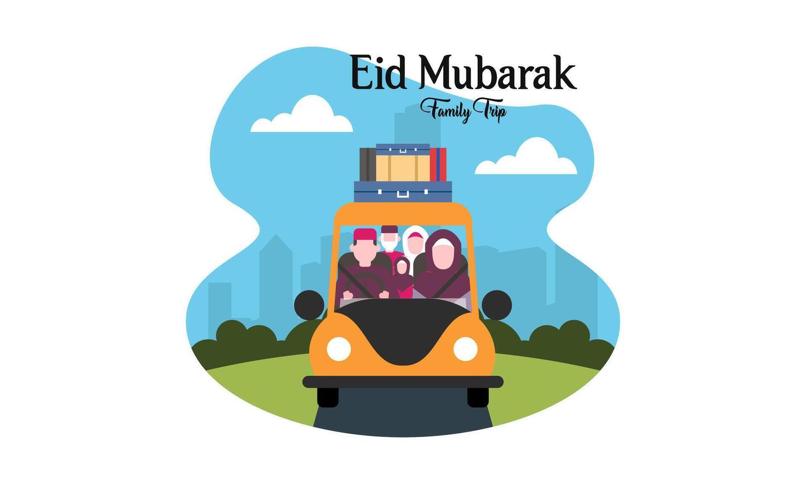 moslim familie in auto reis naar geboorteplaats gedurende eid mubarak viering vector