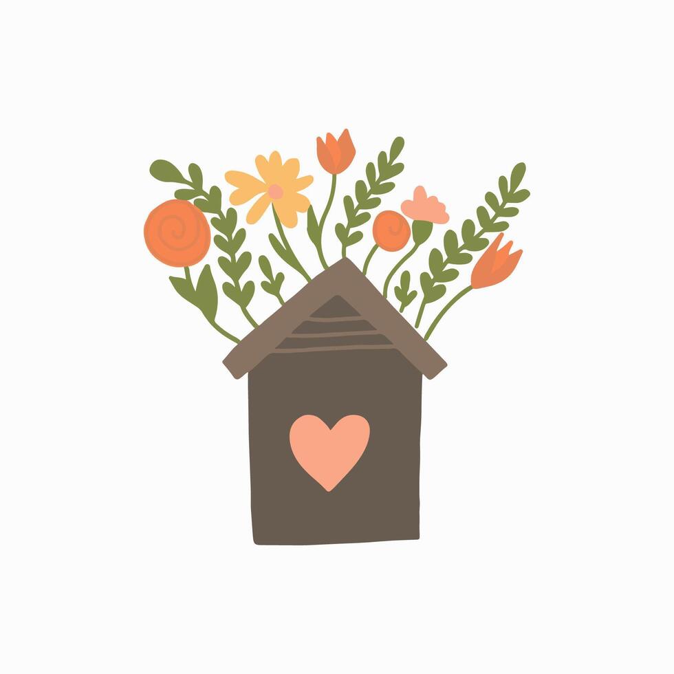 illustratie van een charmant bloemen arrangement springt van een grillig huis vaas vector