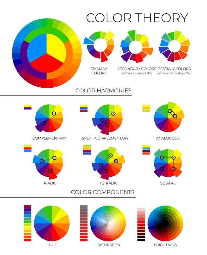 kleur theorie illustratie met primair, ondergeschikt en tertiair kleuren, kleur harmonieën en componenten met tint, verzadiging en helderheid wielen vector