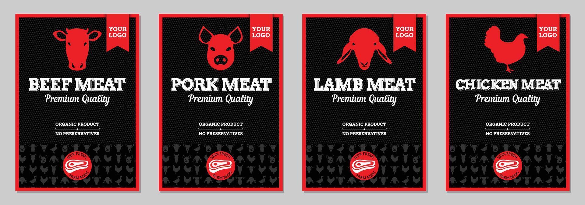 rundvlees, varkensvlees, lam en kip vlees verpakking gelabeld ontwerp vector