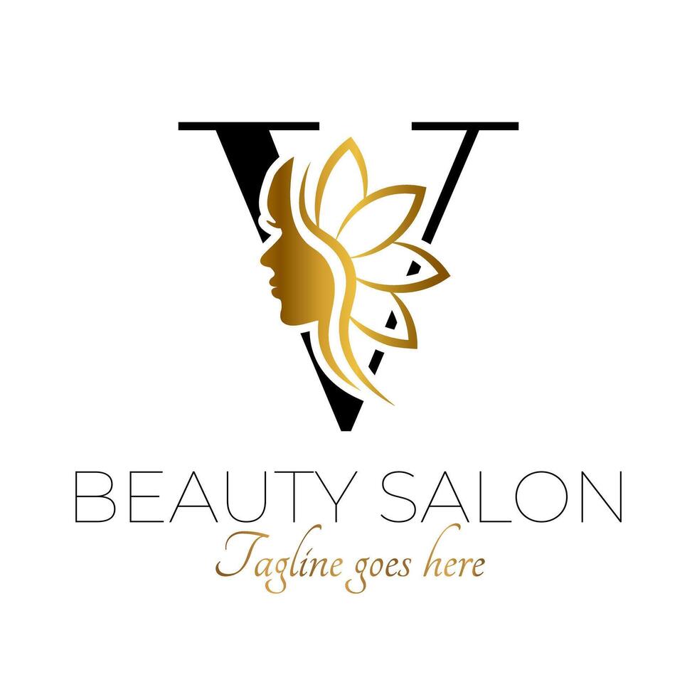 v brief eerste schoonheid merk logo ontwerp in zwart en goud vector