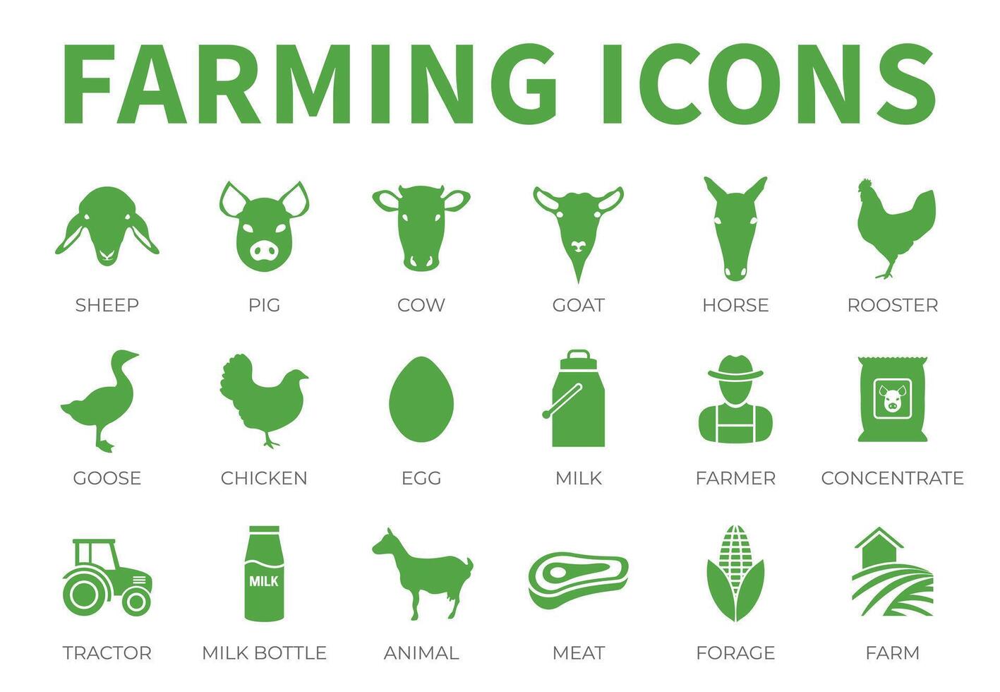 landbouw icoon reeks van schaap, varken, koe, geit, paard, haan, gans, kip, ei, melk, boer, concentreren, tractor, fles, dier, vlees, voederen en boerderij pictogrammen. vector