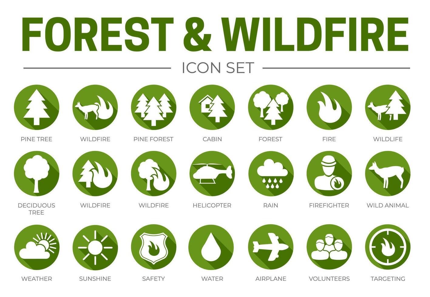 groen vlak Woud en wildvuur ronde icoon reeks met vuur, pijnboom, cabine, dieren in het wild, helikopter, regenen, het weer, brandweerman, wild dier, drone, water, vliegtuig, vrijwilligers, bodem, veiligheid, zonneschijn symbolen vector