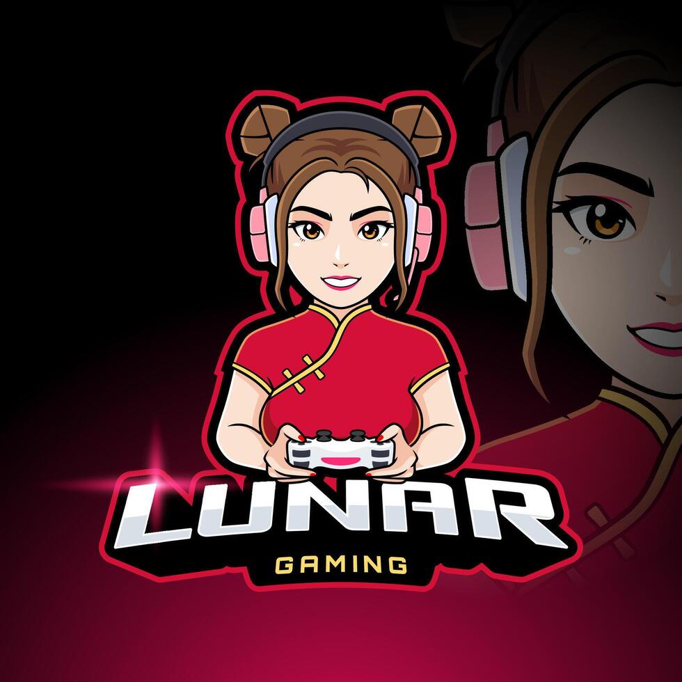 maan- gamer meisje esport logo sjabloon, schattig oosters karakter in traditioneel Chinese rood jurk spelen video spellen mascotte logo vector