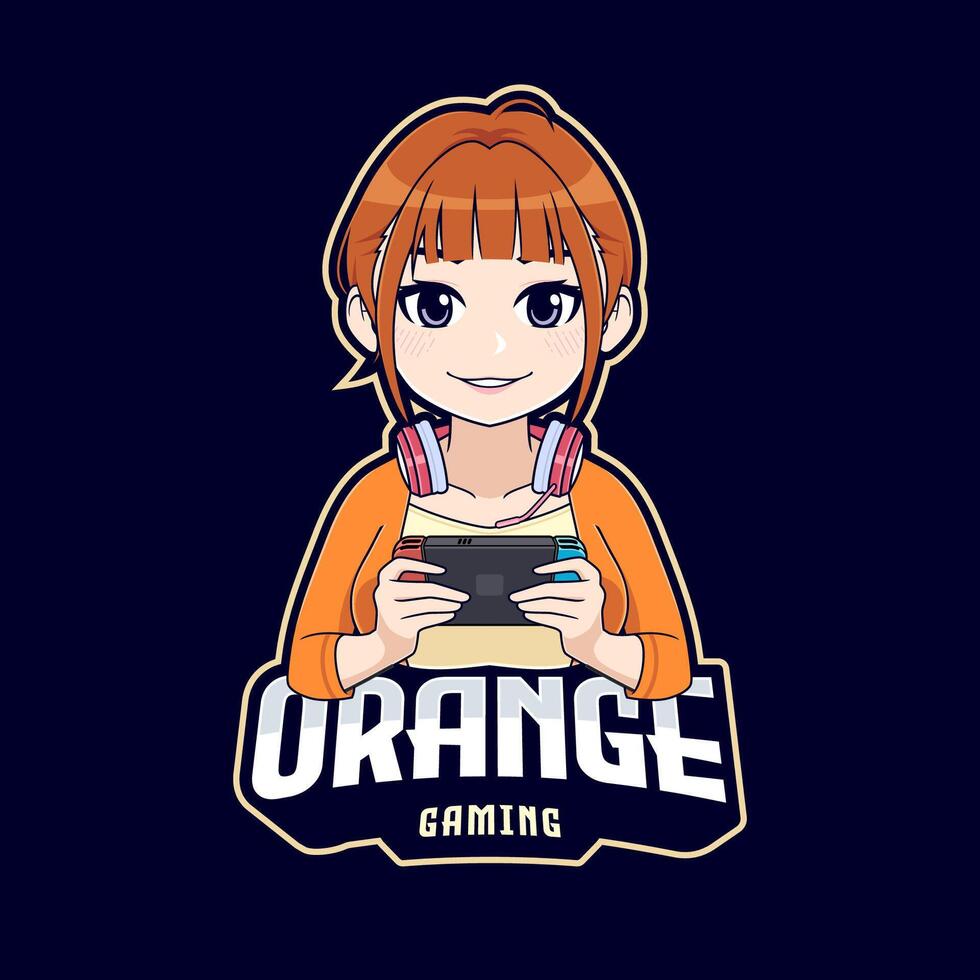 schattig anime gamer meisje tekenfilm karakter mascotte logo vector