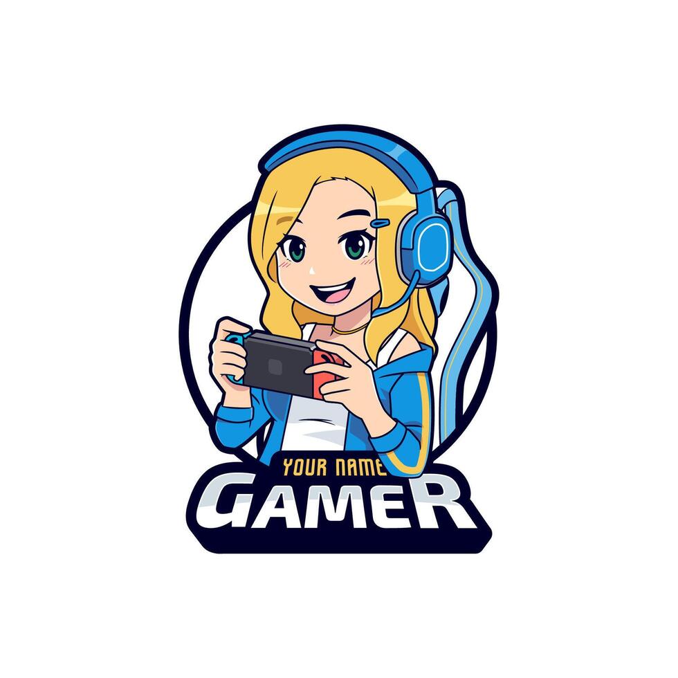 schattig gamer meisje spelen Aan mobiel troosten logo tekenfilm vector