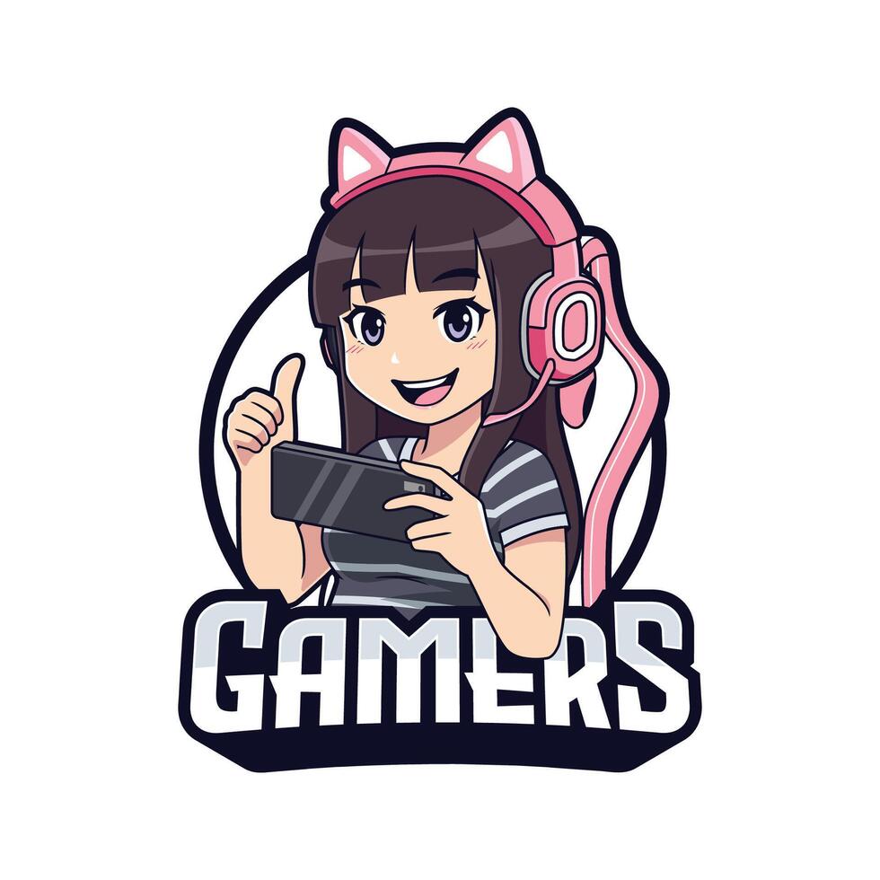 schattig gamer meisje tekenfilm spelen Aan smartphone esport logo sjabloon vector