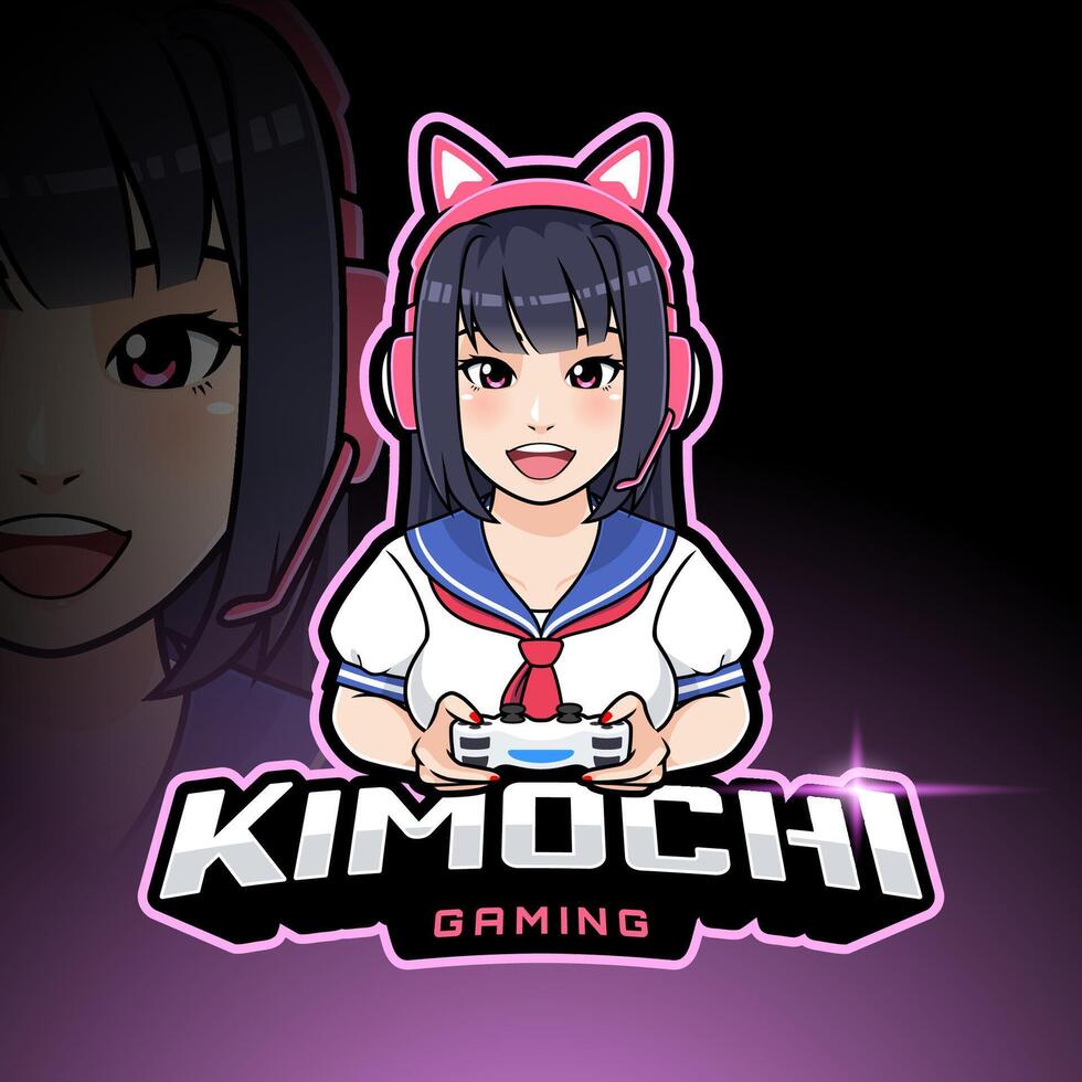 schattig anime meisje in Japans school- uniform spelen spellen. esport mascotte logo vector