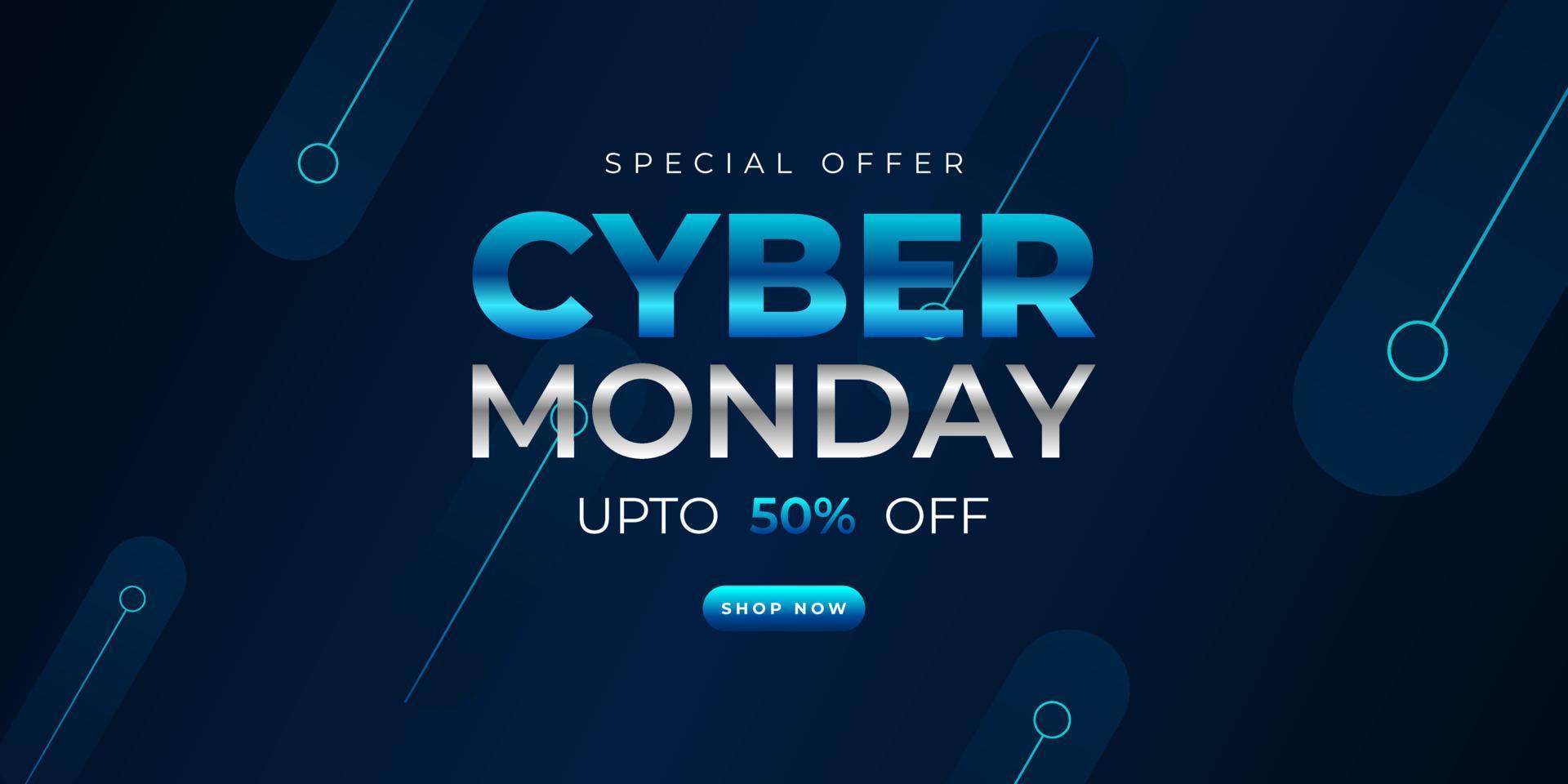 cyber maandag verkoop sjabloonontwerp voor spandoek met blauw lichteffect op donkere achtergrond voor reclameposter of zakelijke promotie vector