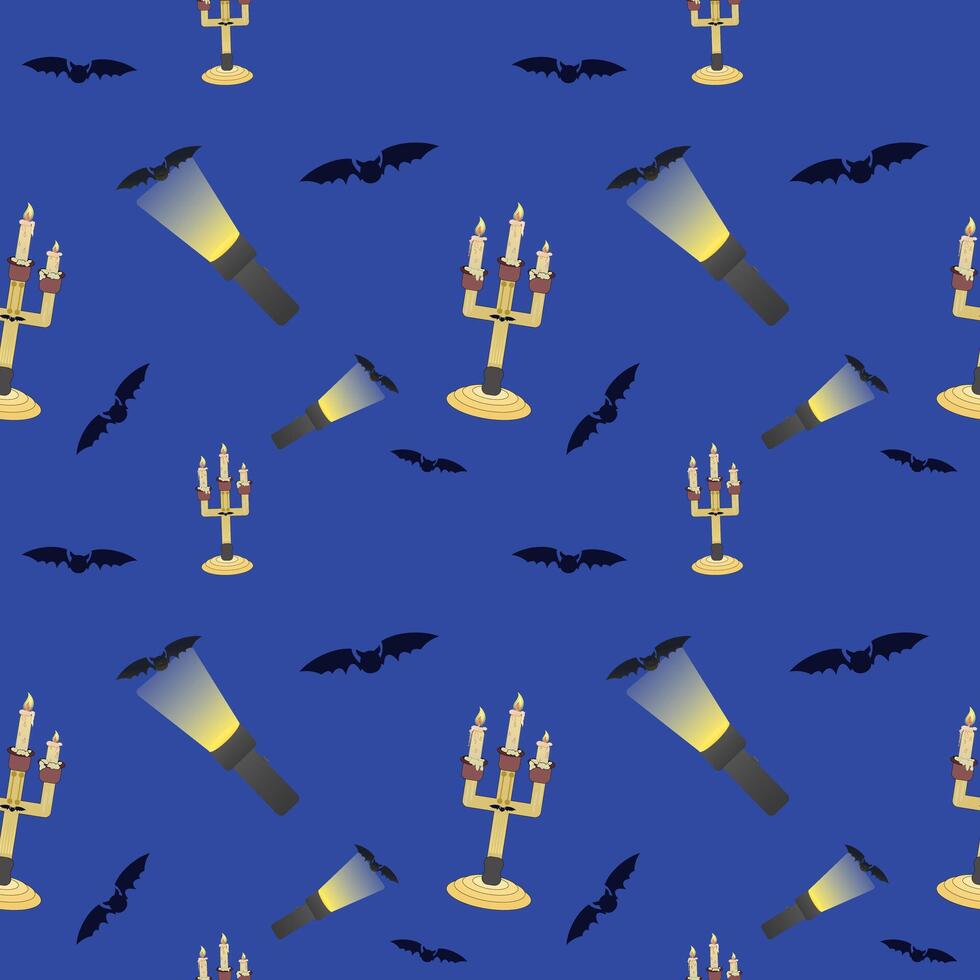 vleermuizen, lantaarns en kandelaars Aan een blauw achtergrond, halloween. vector kleur patroon