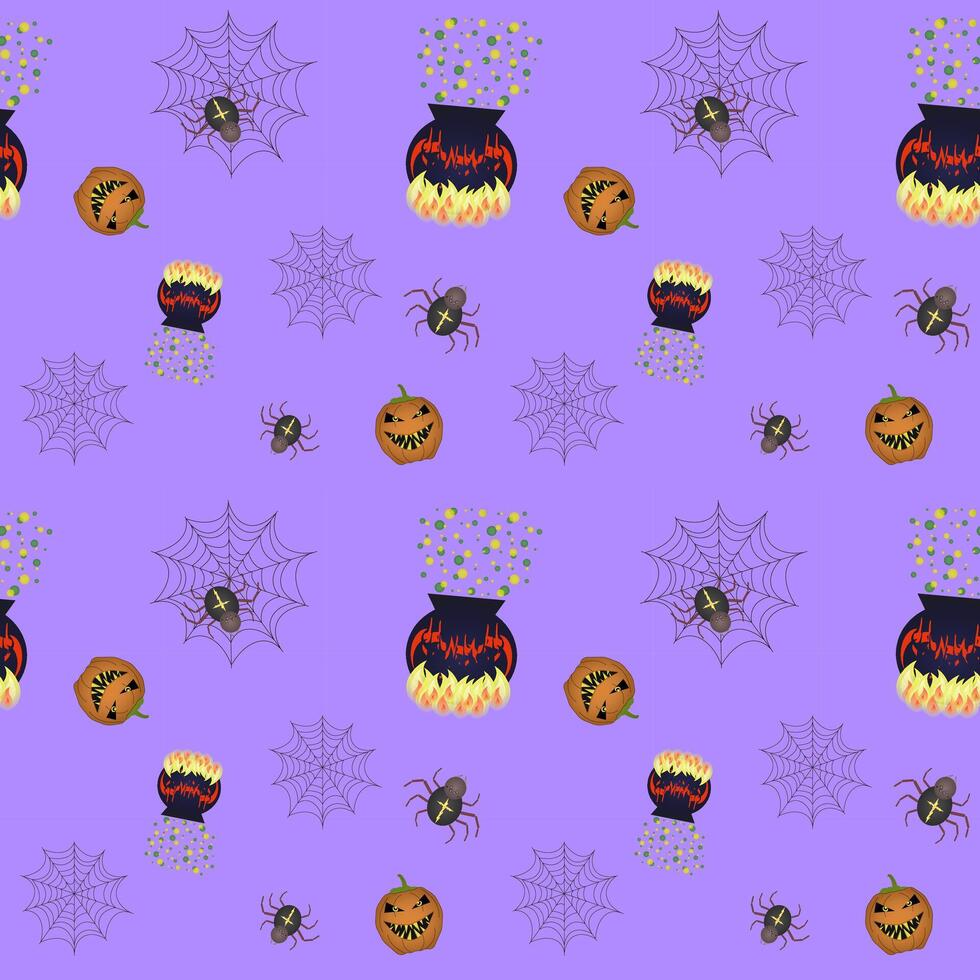 spinnen, spinnenwebben, toverdrank ketel, pompoen, halloween. vector kleur patroon