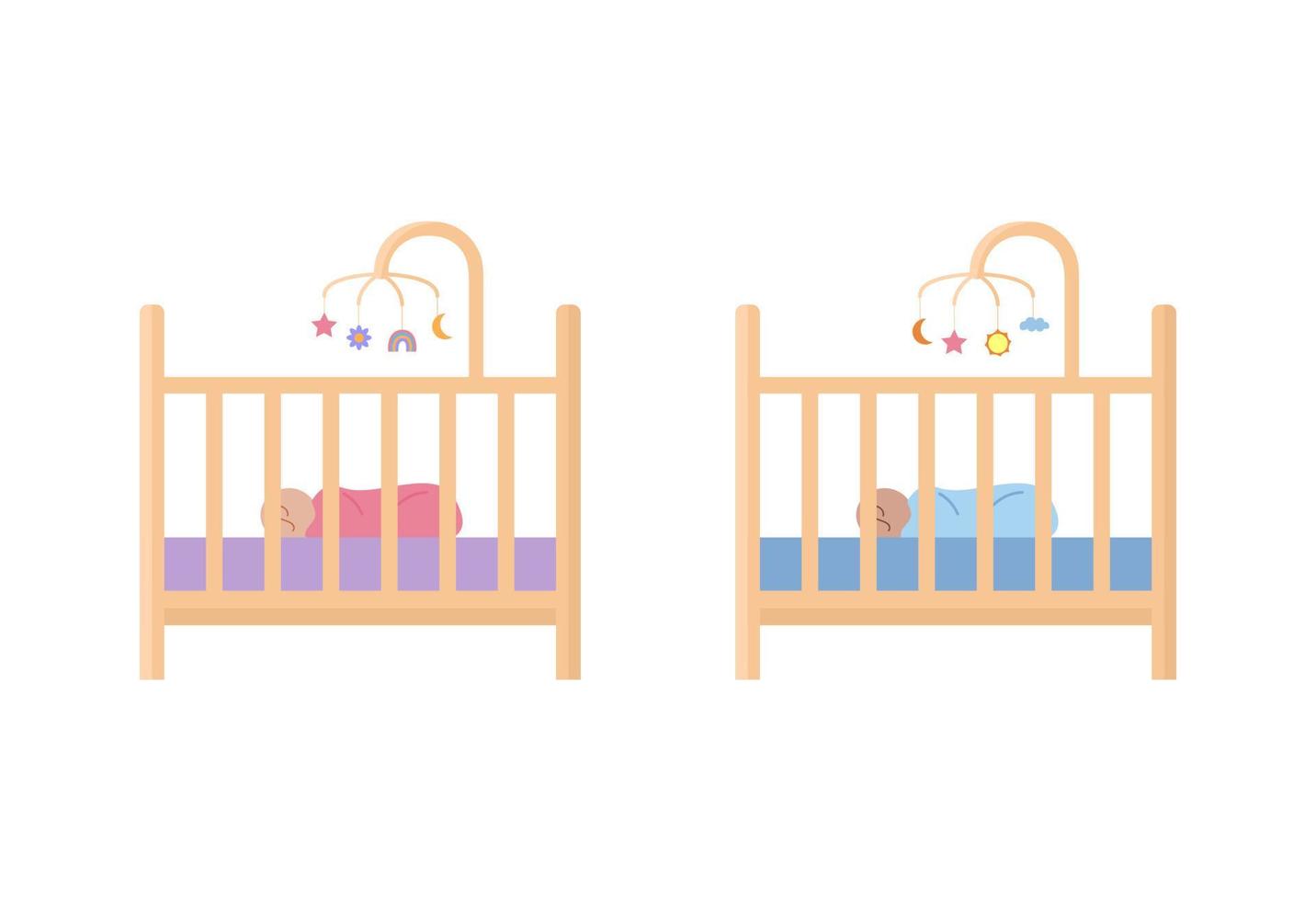 wiegjes voor baby meisje en jongen. kinderbedjes geïsoleerd. babyslaap in bed met speelgoedcarrousel voor kinderkamerinterieur. platte vectorillustratie vector