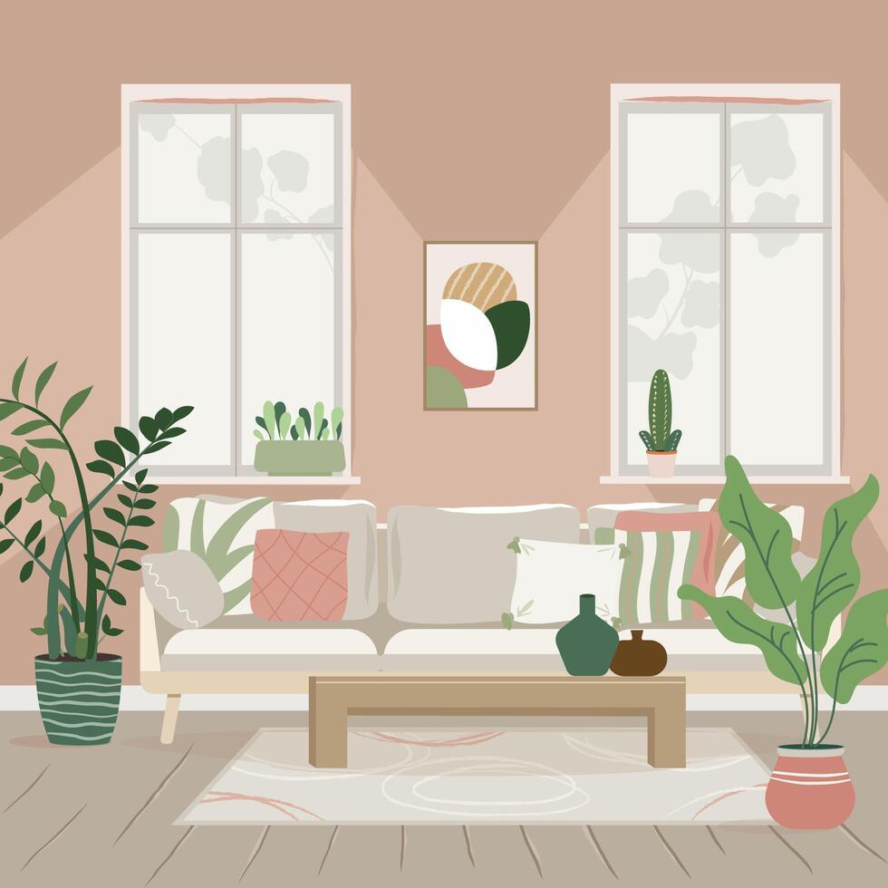 knus gedetailleerd boho stijl huiskamer interieur met een elegant combinatie van modieus aarde tonen. sofa met kussens, planten, tafel. modern interieur ontwerp in Scandinavisch stijl. vector illustratie