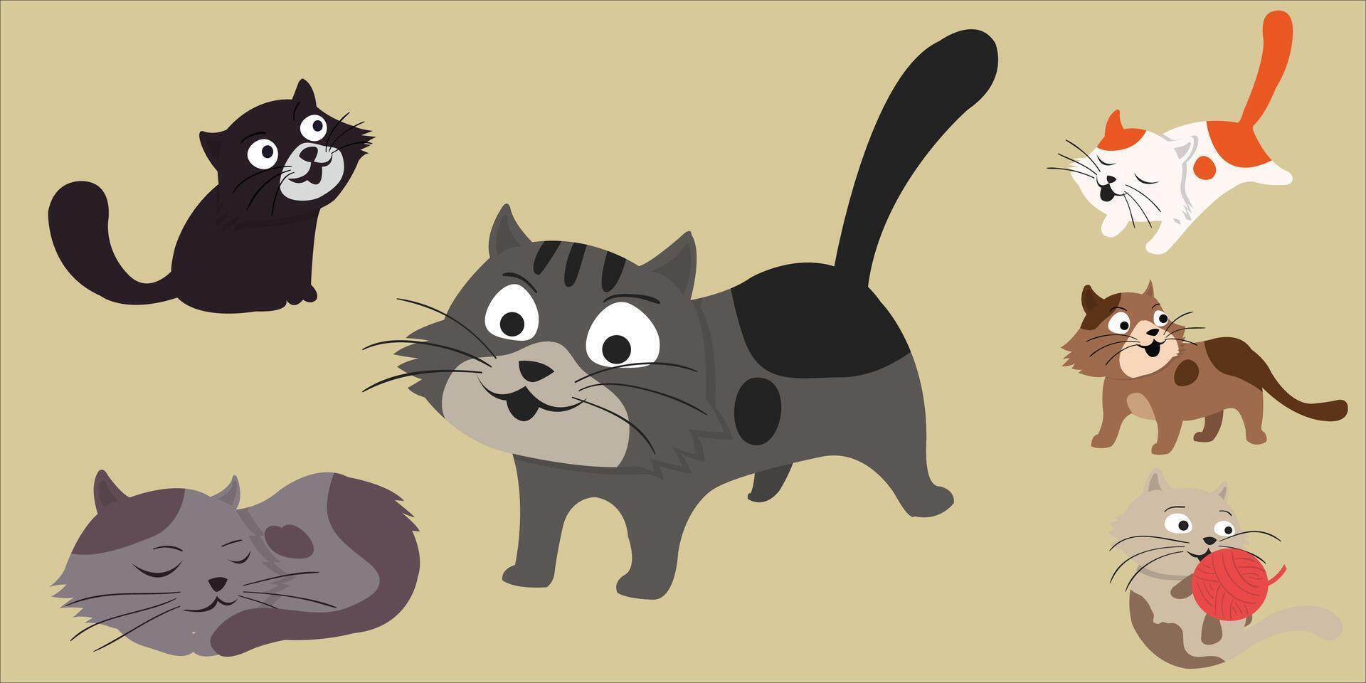 reeks van schattig tekenfilm katten. gemakkelijk modern meetkundig vlak stijl vector illustratie.