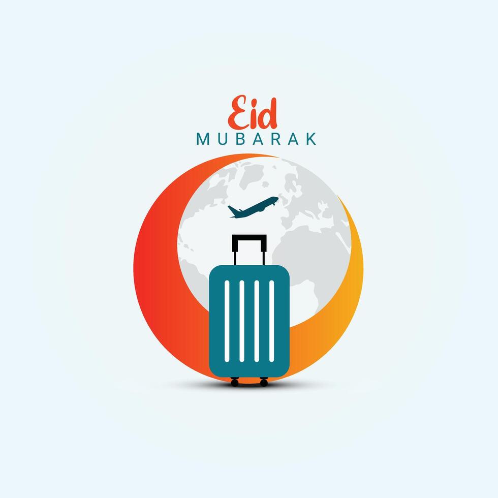 kleurrijk maan met aarde, reizen tas, vliegtuig, eid, Ramadan, tour, reis, luchtvaartmaatschappijen, vliegtuig, bezoek en festival concept, eid mubarak creatief concept ontwerp, eid al-adha mubarak formulering vector