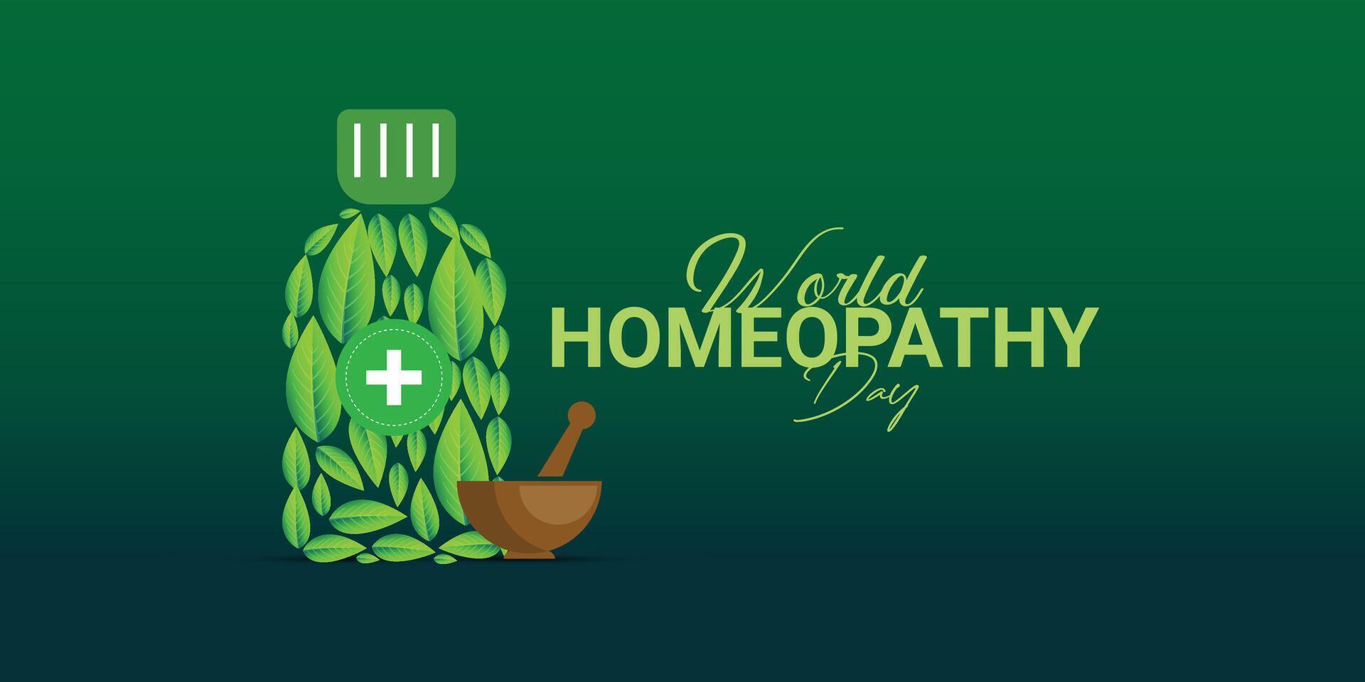 wereld homeopathie dag. groen abstract achtergrond, de dag is een viering van beide homeopathie en die wie hebben geweest genezen door homeopathie. homeopathie dokter dag, homeopathie dag creatief ideeën. vector