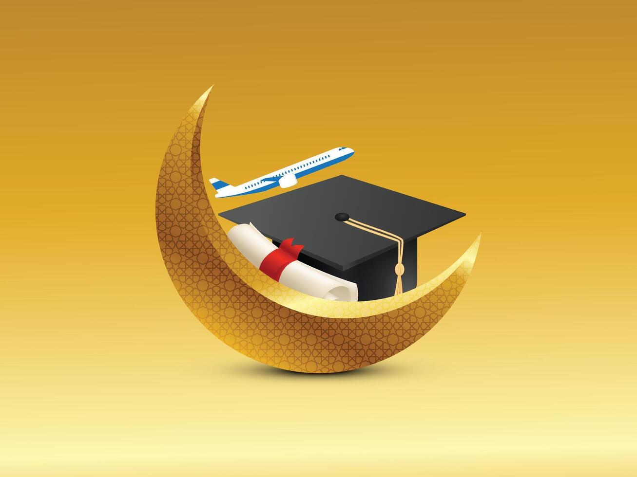 gouden decoratief nieuw maan met certificaat geïsoleerd Aan een vliegtuig, afstuderen pet, Ramadan, eid, opleiding, luchtvaartmaatschappijen, luchtvaart, toerisme, studiebeurs, en Islamitisch festival banier poster creatief ontwerp vector