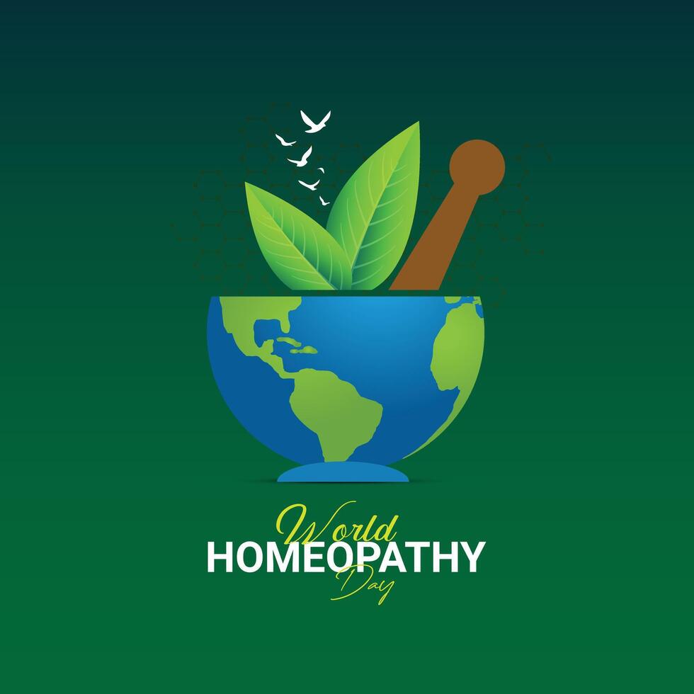 wereld homeopathie dag. groen abstract achtergrond, de dag is een viering van beide homeopathie en die wie hebben geweest genezen door homeopathie. homeopathie dokter dag, homeopathie dag creatief ideeën. vector