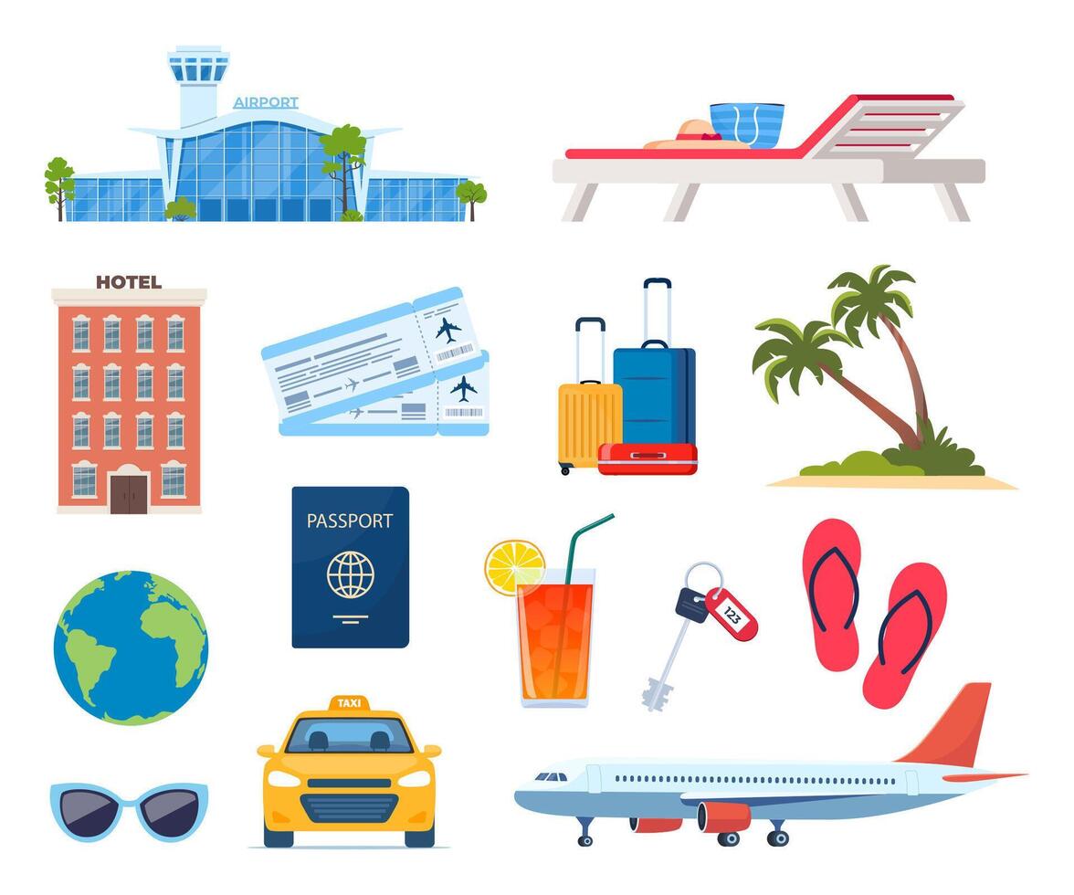 avontuur toerisme, reizen Buitenland, zomer vakantie reis decoratief ontwerp elementen. reeks van reizen pictogrammen. vervoer, hotel, bagage, luchthaven. cocktail, palm. vector illustratie.